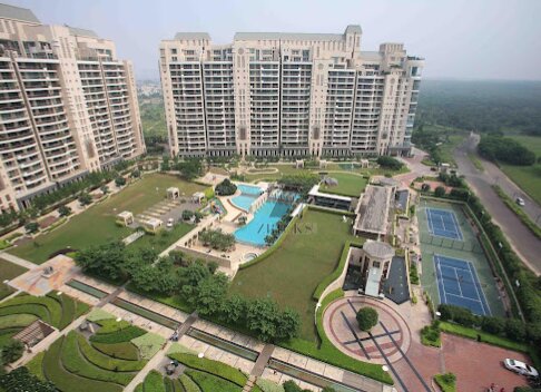 Aerial view of the residential towers and pool deck
